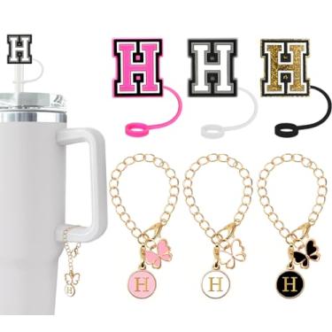 Imagem de (3 +3) Capa de canudo Nuozme compatível com copo Stanley Tumbler 3 peças de tampas de palha com 3 pingentes de borboleta iniciais Nome ID para Stanley Copo de 30 e 1,134 g (capa de canudo de 3 letras