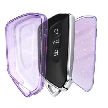 Imagem de OFF WE GO Compatível com VW Volkswagen Key Fob, capa de chave para VW ID.4 ID.3 Golf 8 MK8 MK4 Skoda Octavia Seat Leon acessórios de carro com controle remoto inteligente, roxo brilhante transparente