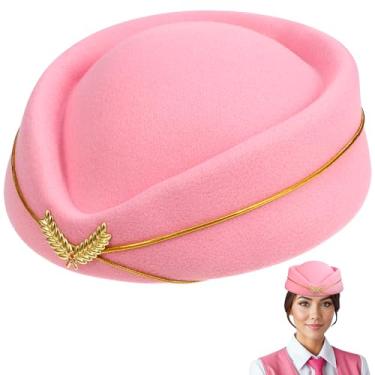 Imagem de AOKWAWALIY Chapéu de aeromoça, chapéu de boina de feltro para mulheres, chapéu de comissária de bordo de lã, rosa, chapéu de hospedeira, fantasia de cosplay para banda de dança, rosa, M-G