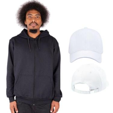 Imagem de Jaqueta de Moletom Blusa Zíper Fechado Masculina + Boné Bolsos Canguru