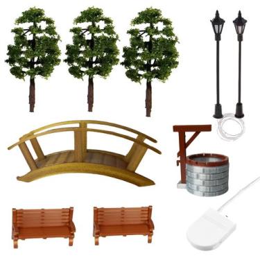 Imagem de Miniaturas 2xBanco 2xPoste 1xPonte 3xArvore 1xPoço Maquete - Mad Maker