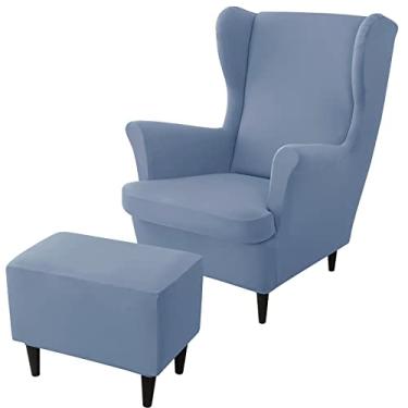 Imagem de Conjunto de capas de cadeira com asa elástica, 2 capas para cadeira com encosto traseiro e 1 capa otomana, capa removível para cadeira com encosto retangular para sala de estar e quarto (cinza azul)