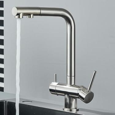 Imagem de Purificador de água Torneira de cozinha Preto Pull Out Filtro flexível Torneiras de cozinha Latão 2 em 1 Torneira misturadora de água quente e fria, níquel escovado