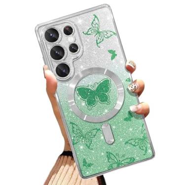 Imagem de AIGOMARA Capa de telefone feita para Samsung Galaxy S25 Ultra [compatível com carregamento sem fio] Design de borboleta TPU macio Glitter Bling Capa à prova de choque anti-arranhões para mulheres -