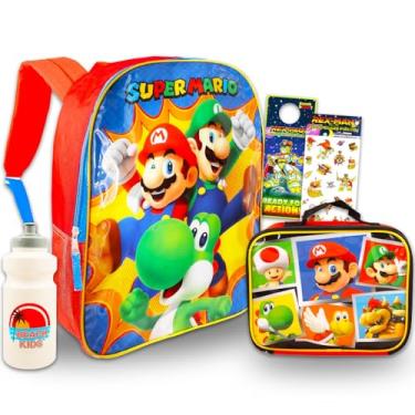Imagem de Super Mario Mochila com conjunto de lancheira – Pacote com mochila Mario, lancheira Mario, adesivos, garrafa de água, mais | Mochila Super Mario Bros para meninos