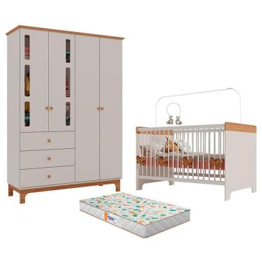 Imagem de Berço Mini Cama Pega Pega e Guarda Roupa Antonella 4 Portas Off White Caramelo com Colchão Gazin - Canaã