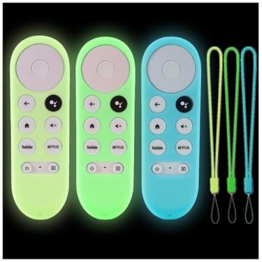 Imagem de Pacote com 3 capas protetoras de silicone para controle remoto Google Chromecast TV 2020, capa para Chromecast com controle remoto por voz do Google TV, à prova de choque, verde brilhante, azul