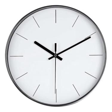 Imagem de Relógio de Parede Minimalista Moderno Cozinha Quarto Sala Escritório Redondo 30 cm Silencioso Aro Preto Fundo Branco Ponteiro de Segundos Contínuo Decorativo