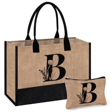 Imagem de AYGE Sacola de juta com inicial personalizada e bolsa de maquiagem, bolsa de praia, presentes com monograma para mulheres, presentes de aniversário para amiga, irmã, mãe, professora, dama de honra