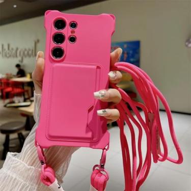 Imagem de HPQWN Para Samsung A54 5G Luxury Crossbody Lanyard Strap Silicone Card Holder Case Wallet Cover (Para Samsung A54 5G/Rose Red)