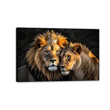 Imagem de Leão e Leoa com coroa dourada quadro romântico casal arte pintura para quarto decoração de casa moderna pronto para pendurar 75 x 50 cm (30 x 20 pol) moldura preta