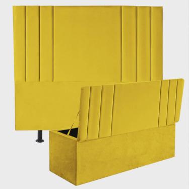 Imagem de Kit Cabeceira Estofada e Calçadeira Baú Recamier Grécia 100cm Solteiro Corino Amarelo - Ahz Móveis