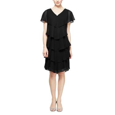 Imagem de S.L. Fashions Vestido coquetel feminino de chiffon de manga curta em camadas, vestido de convidada de casamento (tamanhos pequenos e regulares), Preto, 48