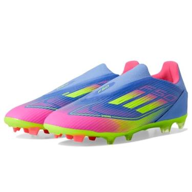 Imagem de adidas Tênis unissex adulto F50 League sem cadarço firme multi Ground chuteiras de futebol, Blue Fusion/Limão lúcido/Rosa lúcido, 14 Women/13 Men
