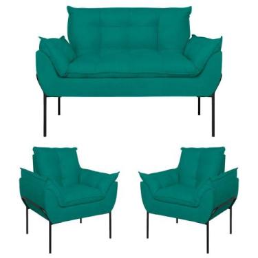 Imagem de Kit 02 Poltronas + Namoradeira Pé Metal Preto Recepção Sala - B BALAQU