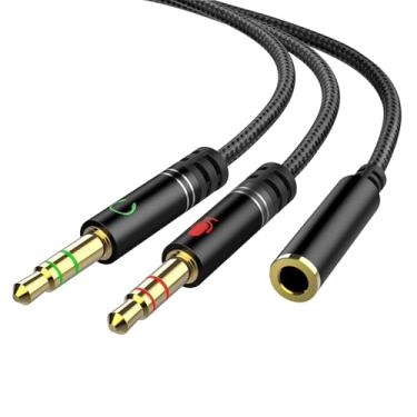 Imagem de KOOPAO Divisor de fone de ouvido para PC, 1 fêmea para 2 machos para microfone e áudio com plugue antiinterferência de 3,5 mm e cabo de baixa taxa de perda, compatível com fone de ouvido TRRS para
