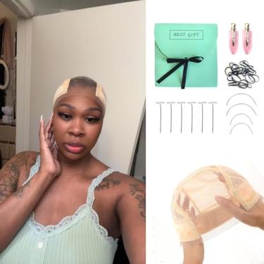 Imagem de datanala Touca de peruca de renda para mulheres, 10 x 12 cm, touca de peruca de renda transparente, antiderrapante para manter as perucas no lugar, touca de peruca ajustável com alça de cabeça (loiro,