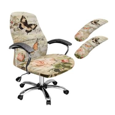 Imagem de PCSJRKG 3 capas de cadeira de escritório com estampa de flor de borboleta, capas de cadeira de computador com encosto alto com capas de apoio de braço, G