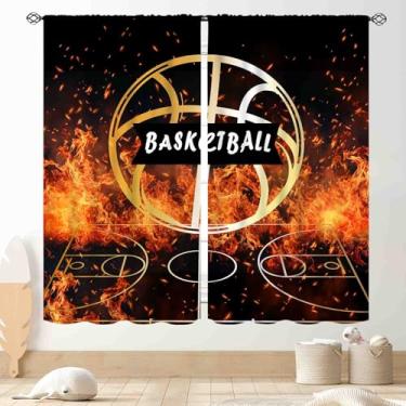 Imagem de Cortinas de basquete para quarto de meninos, crianças, esportes, resfriamento, fogo, basquete, tema de jogos, cortinas de janela, tratamentos para quarto de bebê, sala de estar, berçário, 2 painéis