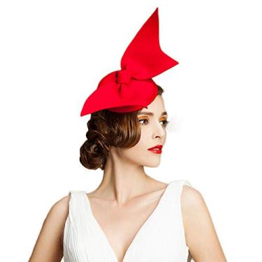 Imagem de F FADVES 100% lã caixa de comprimidos chapéu de casamento feminino asas de anjo chapéu fascinador chapéu feltro coquetel chá festa fedoras, Vermelho, P