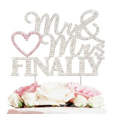 Imagem de LASKYER Finally Mr & Mrs Silver & Pink Wedding Rhinestone Cake Topper - Perfect for Bridal Shower Engagement Wedding Party Metal Sparkly Cake Centerpieces Topper Decorations Keepsake.