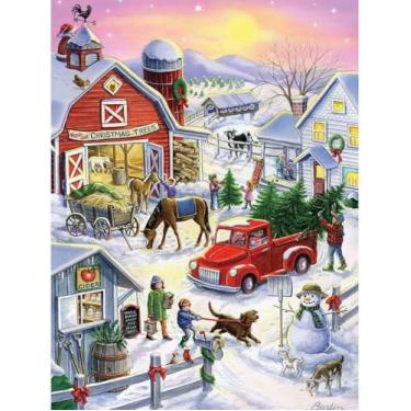 Imagem de Bits and Pieces - Quebra-cabeça de 500 peças para adultos 45,72 cm x 60,96 cm - Diversão de fazenda de árvore de Natal - 500 peças de boneco de neve de cachorro de inverno para celeiro de férias do país da artista Rose Mary Berlin