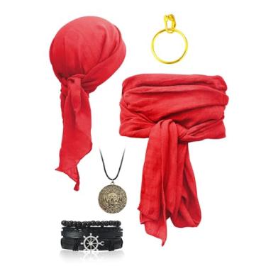 Imagem de Verceco Conjunto de acessórios masculinos de fantasia de pirata para mulheres, bandana para cabeça, cachecol, faixa, cinto, joias de pirata, 5 peças, Vermelho, Tamanho Único