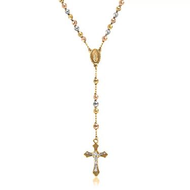 Imagem de Savlano Colar de rosário com contas banhado a ouro 14 K – Corrente de rosário com cruz crucifixo de 6,5 mm para mulheres e homens, joia religiosa vem em ouro, ouro e prata rosa com uma caixa de