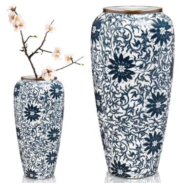 Imagem de Mimorou Vasos azuis e brancos de cerâmica vintage chinoiserie floral 32 cm H terracota floral redondo rústico vaso grande para decoração de casa centro de mesa decoração de sala de estar (crisântemo)