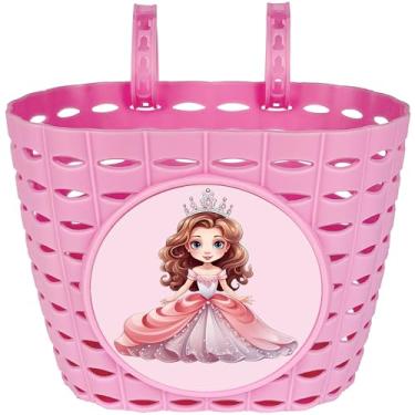 Imagem de Cesta de bicicleta rosa para meninas, cesta de guidão frontal de bicicleta fofa, cesta de triciclo de plástico ajustável para crianças, meninas, crianças pequenas (princesa)