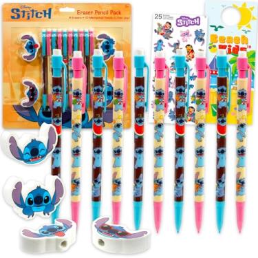 Imagem de Disney Conjunto de 10 lápis mecânicos costurados para sala de aula – Pacote de material escolar com 10 lápis, 4 borrachas, mais adesivos, mais | Lilo and Stitch Material escolar para crianças, meninos