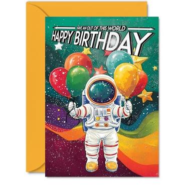 Imagem de Stuff4 Cartão de aniversário menino - traje espacial astronauta - Cartão de aniversário do espaço sideral para menina, cartões infantis infantis, saudação A5 aniversário