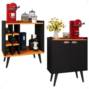 Imagem de Kit Sala Jantar Cozinha Aparador Baden Adega Nicho Buffet Linea 2 Portas Puxador Concha Cantinho Café Preto/Cinamomo - Lojas RPM