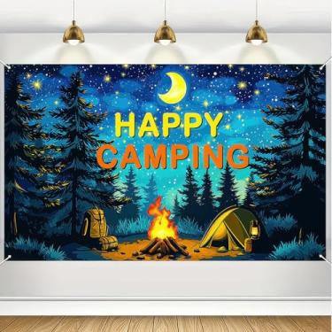 Imagem de HOMETITUTE Happy Camper Banner Decoração de Festa Tema Camping Banner Caminhão Barraca Floresta Aventura Fotografia Pano de Fundo para Crianças Decorações de Parede Suprimentos de Festa 71x43