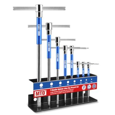 Imagem de MTO Conjunto de chaves Allen com cabo em T métrico, 8 peças, 2 a 10 mm, alça deslizante de 3 vias e manga giratória, chave sextavada de aço CR-V com rack de armazenamento para motocicleta, carro, faça