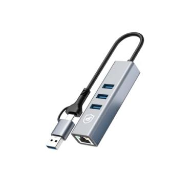 Imagem de Gshield Hub USB-C Multiportas com Adaptador USB-A, Conector Ethernet LAN + 3 Portas USB 3.0 de até 5 Gbps, Liga de Alumínio Portátil para Periféricos, Tablet, Computador e Notebook, Cinza