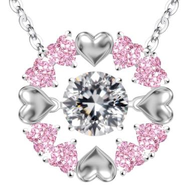 Imagem de Colar com pingente redondo em forma de coração rosa moissanite, para aniversários, Dia das Mães, Dia dos Namorados e presentes de Natal. O colar de prata pura dançante, um gesto ritualístico dedicado