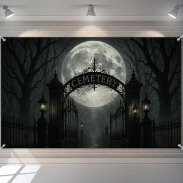Imagem de BlissYard Banner de Halloween 188 x 109 cm decoração de pendurar cemitério portão lua cena decoração para casa artigos de festa pano de fundo foto férias ao ar livre interior decoração temporada