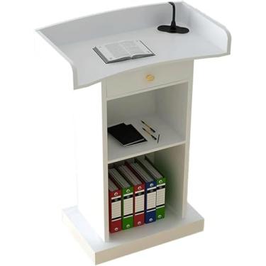 Imagem de Púlpito De Mdf Podium Stand Mesa De Recepção De Piso De Madeira Com Prateleira De Armazenamento Ideal Para Palestrantes Conferência Auditório Igreja, White a, 23.6x16.5x47.2in
