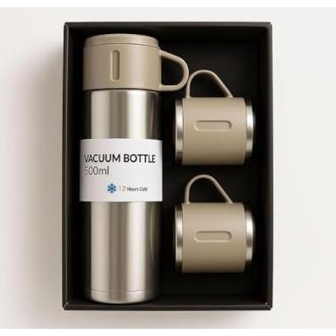 Imagem de Kit Garrafa Térmica Inox 500ml com 3 Xícaras Portátil Ideal para Camping Viagem e Uso Diário (Marrom)