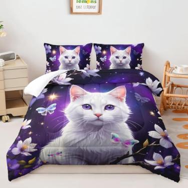 Imagem de AILONEN Jogo de cama casal com estampa de gato branco, flor e borboleta, para meninas e adolescentes, conjunto de edredom com tema de animal fofo para decoração de quarto, 1 colcha e 2 fronhas, 3