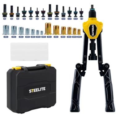 Imagem de Steelite Kit de ferramentas de porca de rebite dobrável, ferramenta de rebite de 38 cm com 13 mandris métricos e SAE, rebitador manual profissional com kit sortido de 105 peças de rebites