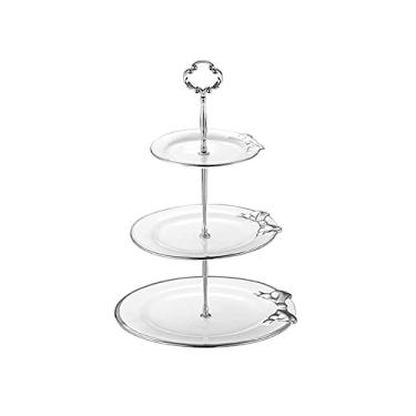 Imagem de Suporte de bolo de cerâmica de três camadas, suporte de exibição de cupcake de estilo europeu, mesa de sobremesa criativa, bandeja de servir de pastelaria, prato de bolo, doces, cupcake, sobremesa