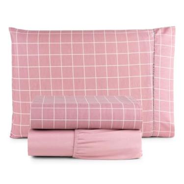 Imagem de LençOl Casal Com Elastico Conjunto De Roupa De Cama,Jogo De LençOl 100% AlgodãO Ponto Palito Estampado 1.98 * 1.58cm (GRID ROSA)