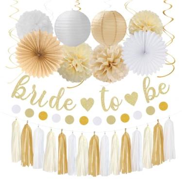 Imagem de Decorações de festa de banho nupcial dourado champanhe branco - 31 peças de banner Bride To Be, lanternas de papel de despedida de solteira neutras, guirlanda de casamento, pompons de tecido