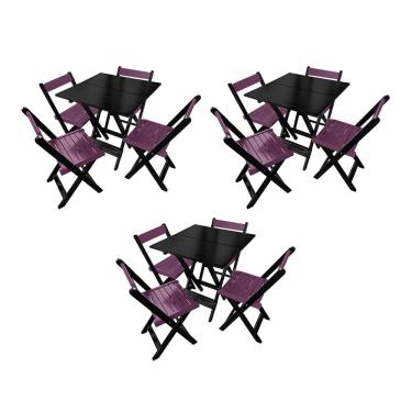 Imagem de Kit 3 Mesas de Madeira Dobrável Preto 70x70 com 4 Cadeiras Dobráveis Roxo
