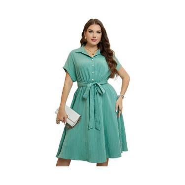 Imagem de Vestido Midi plus Size Feminino Com Gola Dobrada, Botão, Cinto E Manga