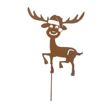 Imagem de Fenteer Estaca de jardim, decoração de Natal, estátua, decoração, silhueta de rena de metal, placa de quintal para o Natal, pátio externo, Chapéu de Papai Noel