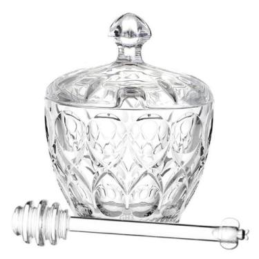 Imagem de Meleira de vidro cristal colmeia porta mel tampa pegador dosador elega