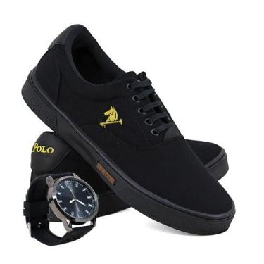 Imagem de Kit Sapatênis Casual Masculino Polo Joy Sport + Relógio, Preto, Preto,